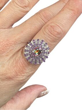 D’Joy 925 Rainbow Nebula Quartz Amethyst Halo Statement Ring Size 9.75